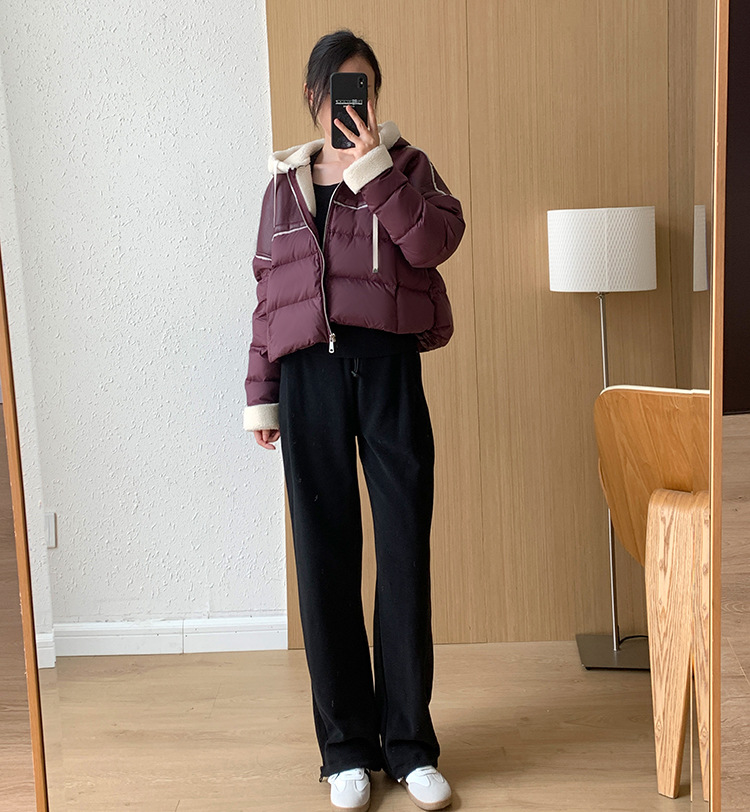 Giacca corta europea in piumino per donna stile corto cuciture colore a contrasto pelle PU leggera lusso alta qualità maglione largo 2024 nuovo inverno_voghion.com