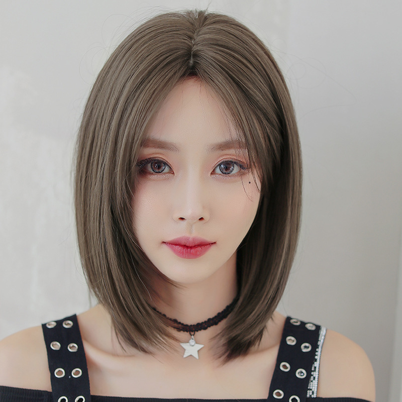 Wig women's medium and long hair face trimming short straight hair factory wholesale wig medium straight hair clavicle wig full headgear
