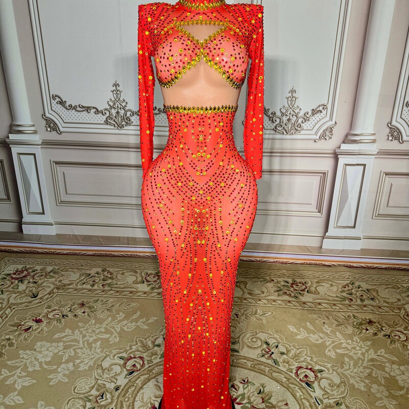 Red Handmade Rhinestone-Embellished Long-Sleeve High-Neck Slim-Fit Dress for Engagement Parties, Toast Attire, Model Stage Performances, and Runway Shows Red Handmade Rhinestone-Embellished Long-Sleeve High-Neck Slim-Fit Dress for Engagement Parties, Toast Attire, Model Stage Performances, and Runway Shows
