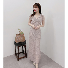 【慧琳】2025早春款日系跨境甜美印花领口褶边金银丝连衣裙25A060