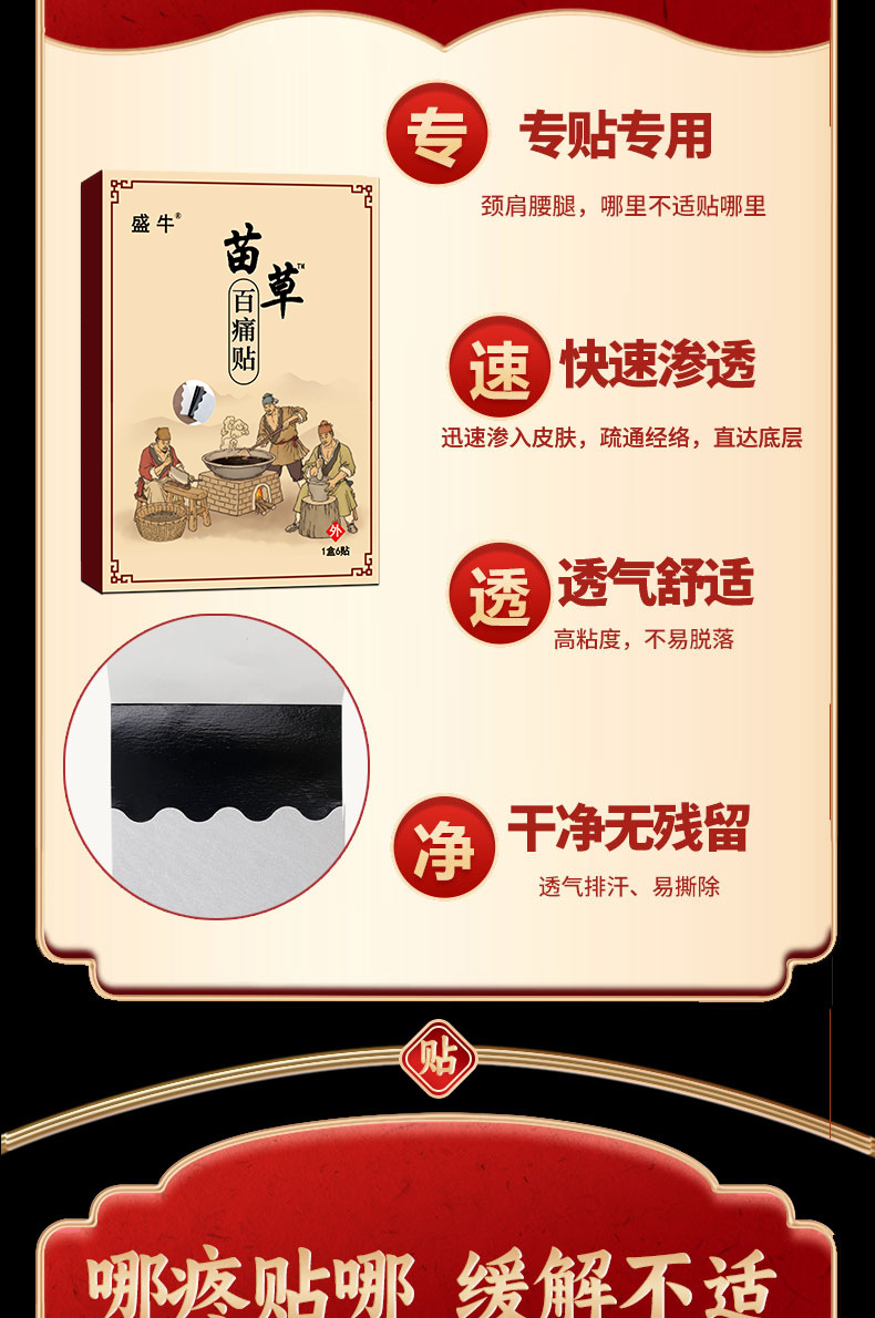 Miao Cao Bai Tong Gao Far Infrared Herbal Pain Relief Patch 6 Patches Per Box preparation