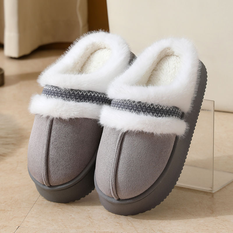 跨境秋冬季花边时尚拖鞋居家秋冬厚底防滑冬天棉拖鞋批发室内保暖