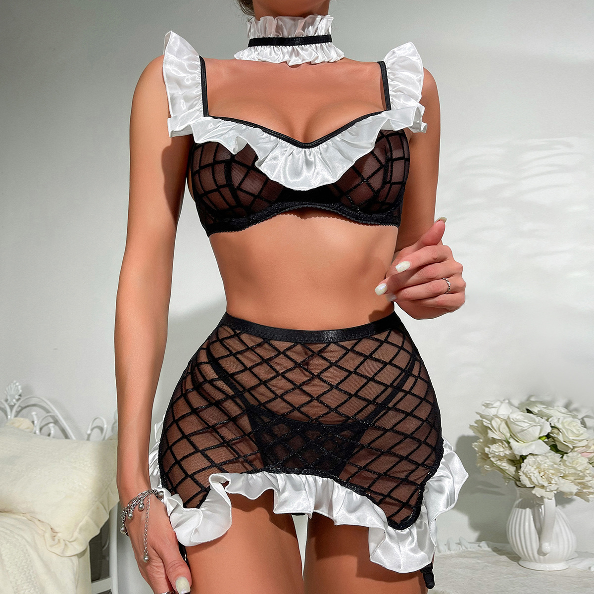 Diamond Sheer Mesh Maid Lingerie Set