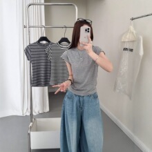 夏季新款韩系简约修身显瘦莱赛尔条纹弹力圆领短袖T恤上衣女2127