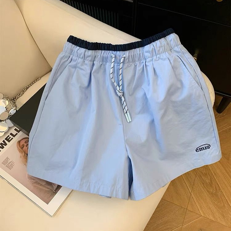女性用刺繍入り巾着スポーツショーツ、夏用薄手、小柄な人向け、ハイウエスト、着痩せ、Aラインワイドパンツ、5分丈パンツ|undefined