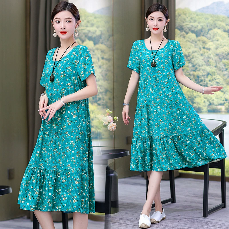 Новый стиль, западный стиль, молодежное хлопково-шелковое платье для женщин, летняя цветочная материнская утягивающая юбка из искусственного хлопка для верхней одежды