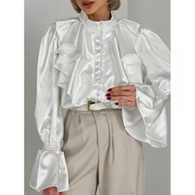 宫廷风荷叶边小立领单排扣洋气开衫秋季光泽感喇叭袖宽松女装上衣