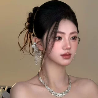 高级新娘结婚婚纱耳饰气质超闪水钻花朵流苏耳环女小众设计感轻奢