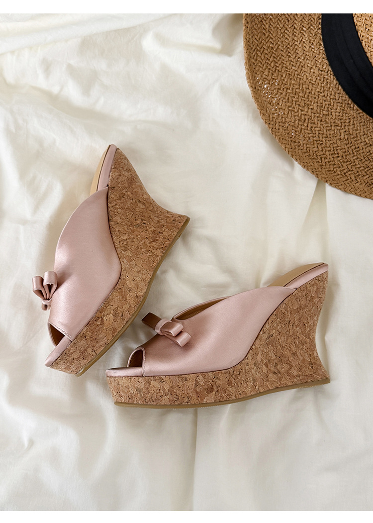 Sandal cao gót nữ mũi cá hở ngón, đế xuồng dày, nơ bướm, gót siêu cao 12 cm — Kẻ đỏ, Hồng sâm panh chi tiết 18