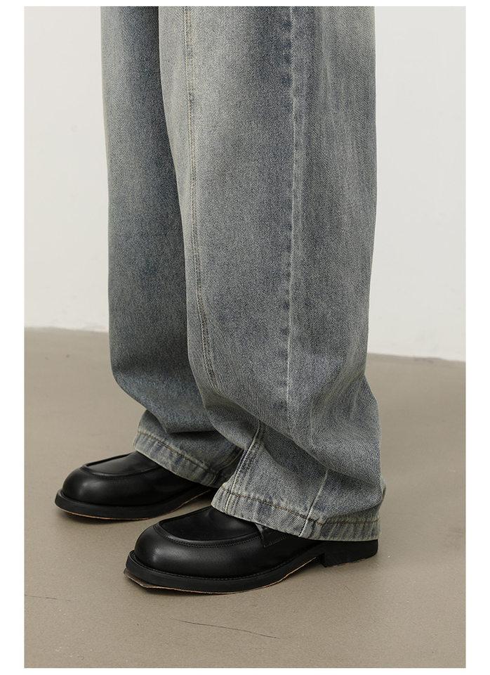 Quần jean nam ống rộng lưng giữa, dáng suông thẳng, denim mềm phong cách retro — màu xanh chi tiết 14
