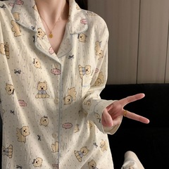 越境現物の大きいサイズのパジャマの女性の漫画の青い辺の波は子犬の春秋のかわいい少女の家庭服の2セットを注文します。