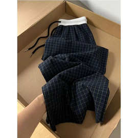 撞色腰格仔松紧腰抽绳直筒遛弯裤女新款美式薄款运动休闲阔腿女裤