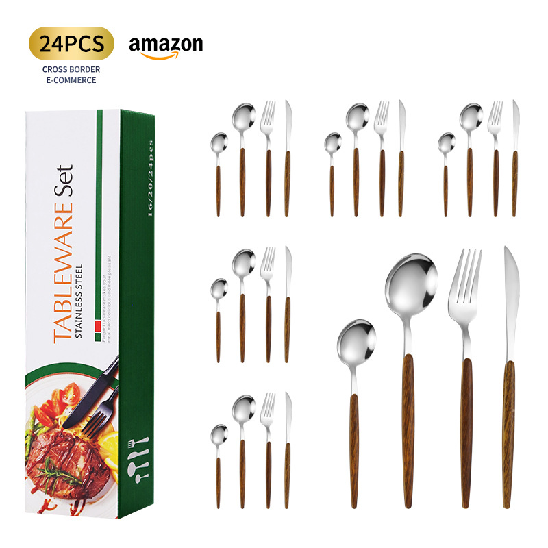 Amazon Portugal traje de vajilla de acero inoxidable Juego de 24 piezas de imitación mango de madera cuchillo de acero inoxidable, tenedor y cuchara traje de regalo