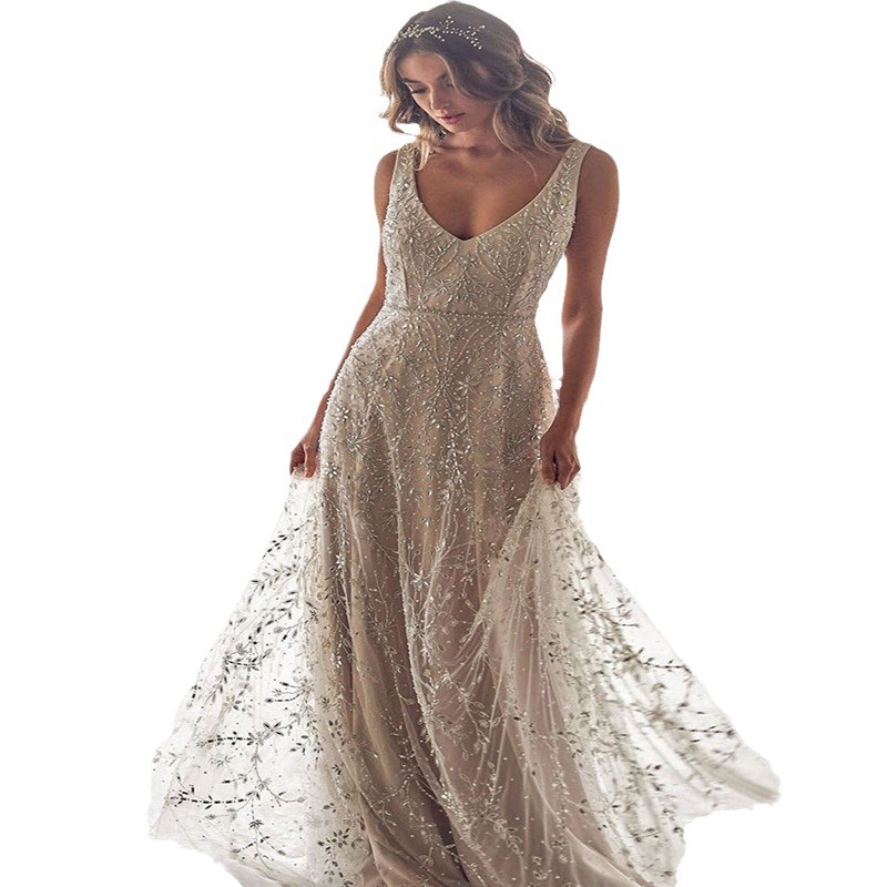 Vestido Largo con Cuello en V y Lentejuelas Doradas, Estilo Amazon, Nuevo para Primavera/Verano 2025, Comercio Exterior Transfronterizo