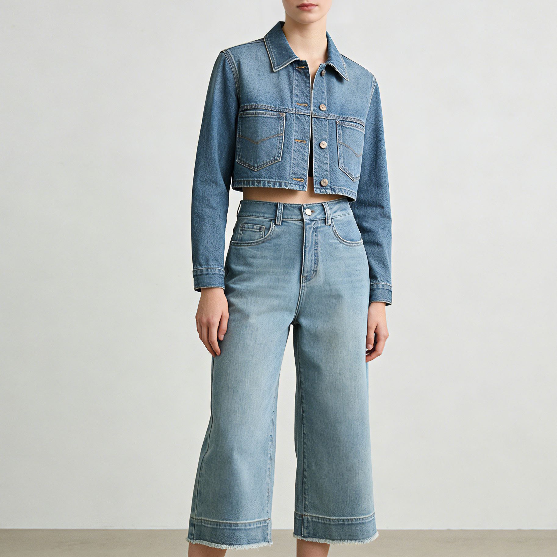 Quần jean nữ ống rộng cạp cao, chất liệu cotton pha linen mỏng nhẹ, dáng suông rủ, gấu tua rua — xanh lam chi tiết 3