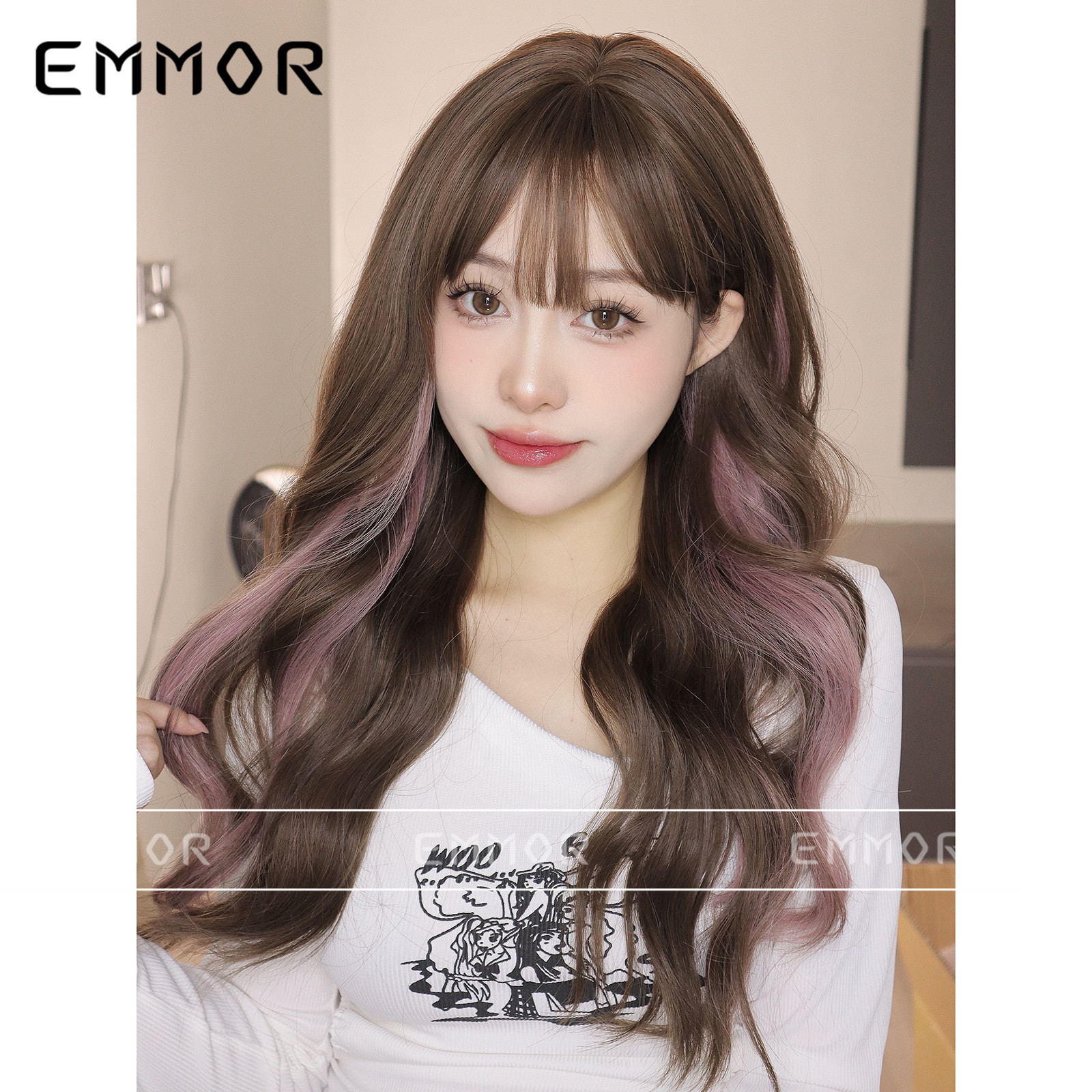 Peluca de cabello largo y rizado de las mujeres Marrón micro rizado teñido Rosa mullido cubierta de cabello flequillo de aire peluca artificial cubierta de la cabeza completa de las mujeres