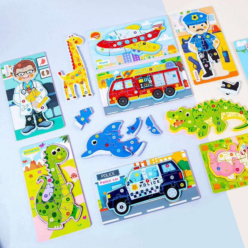 Madera 3D figura 3D tráfico animal educación temprana rompecabezas cognitivo juguete educativo niños ensamblando bloques de construcción de juguete