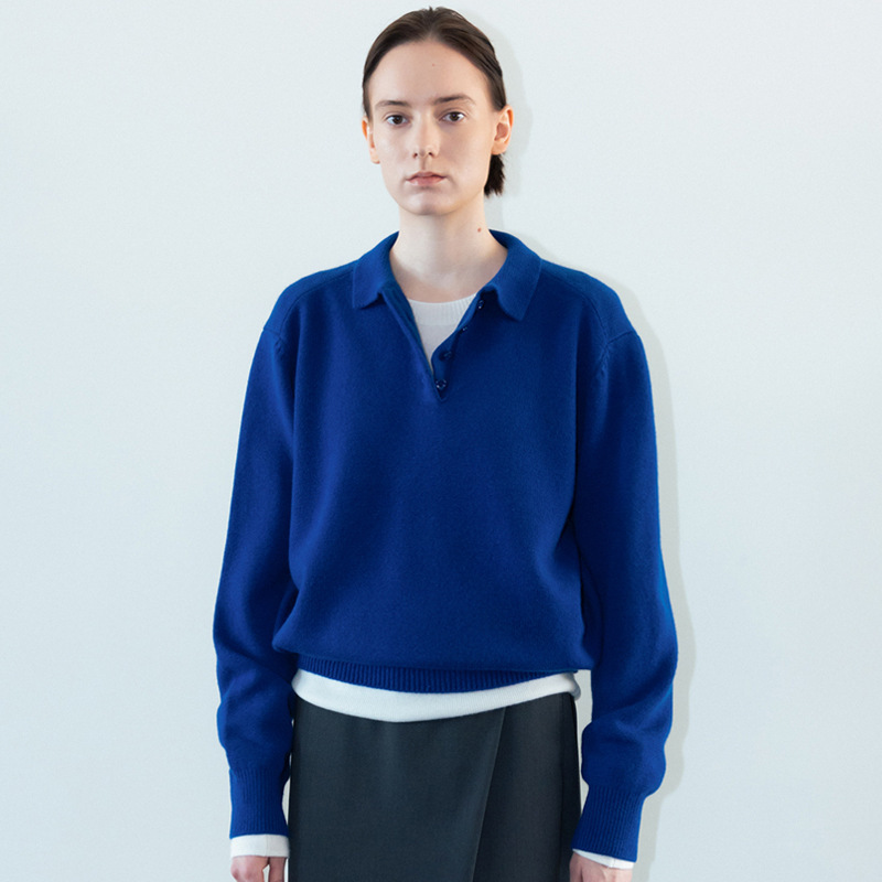 Spot Moondal Blue Knitwear Women's 2024 Autumn and Winter New Designer Polo V Neck Wool Knitwear