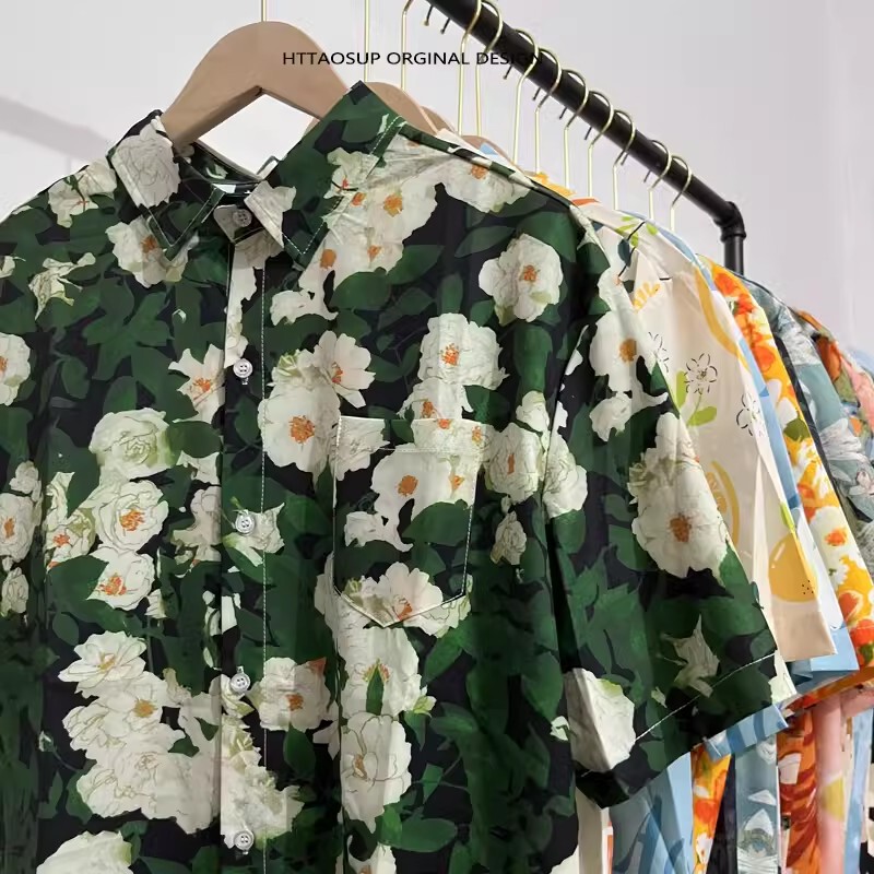 Retro green oil painting flower niche lazy trendy ins casual artistic short sleeve floral shirt men's Hawaiian