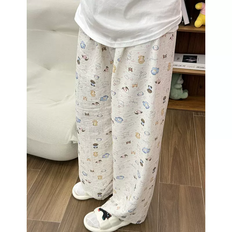 睡裤女卡通小狗长裤薄款家居裤可爱休闲宽松高腰直筒外穿遛弯裤子