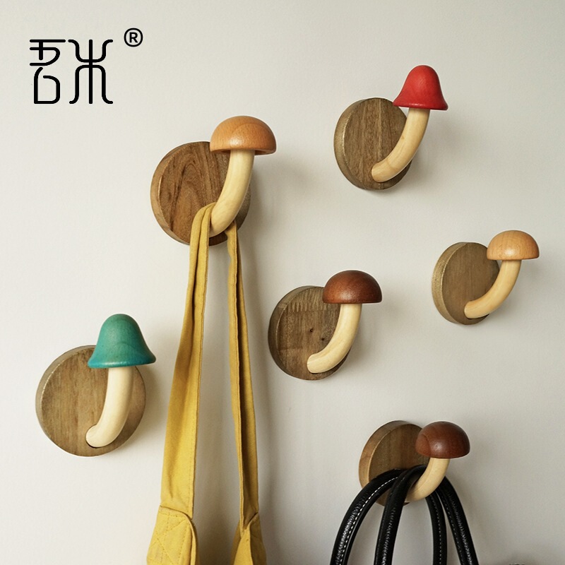 Creative Wooden Mushroom Coat Hook Non-perforated Solid Wood Coat Hook Nordic Log Hanger Door Hook