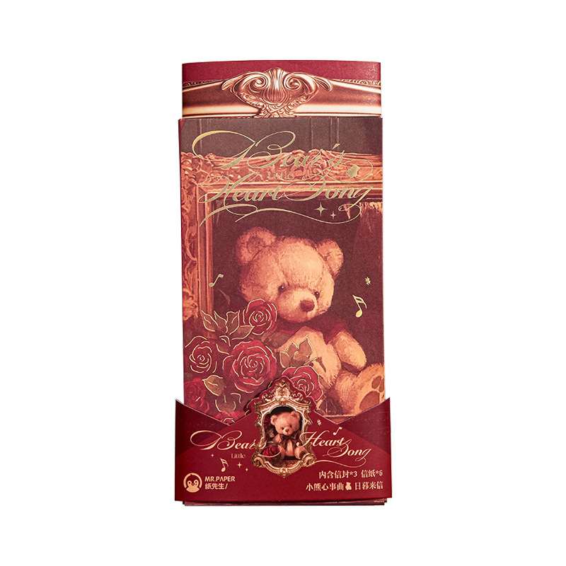 Carta de primera vida en papel Juego de sobres de papel Corazón de oso Serie de música Ilustración linda Mensaje de estudiante Envío de sobres de papel de carta