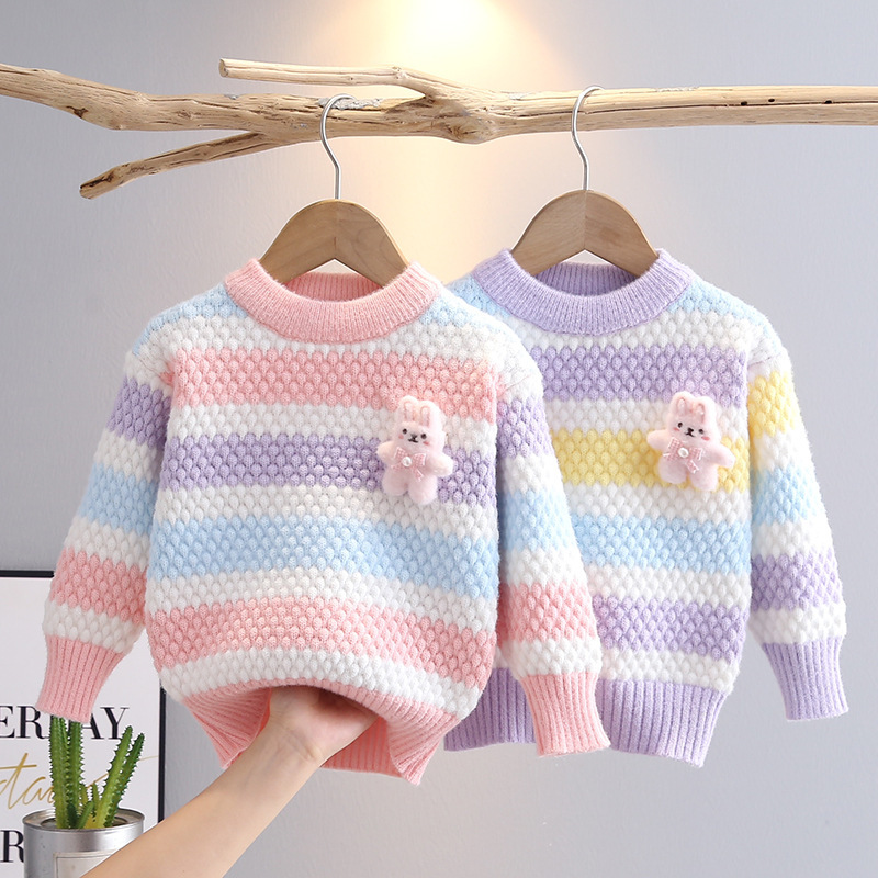 Girls' Sweater Knitted Sweater Spring and Autumn 2024 New Western Style Baby Wool Top Winter Children's Striped Warm