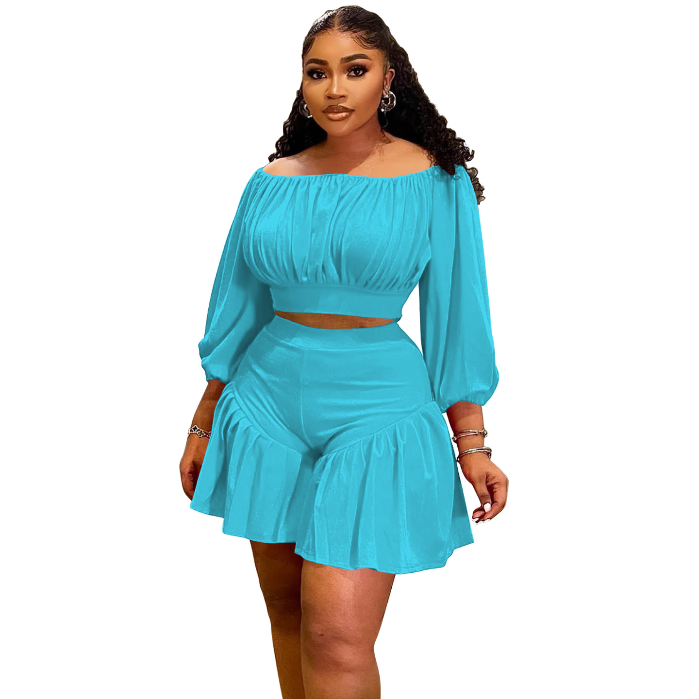 350g Weight Long Sleeve Sleeve Length Spandex, Polyester Fabric Type Shorts Co-ord Set Sets Type 2 Pieces Set Quantity Daily Occasion Off Shoulder Neckline Slim Fit Type Solid Color Pattern Summer Season Casual Style Daily Casual Solid Color Spandex Polyester Shorts Co-ord Set Plus Size Two-piece Sets 31