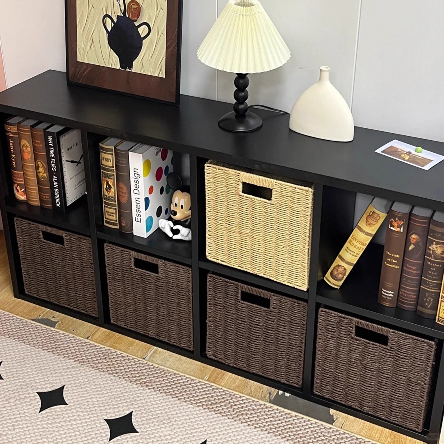 Bookshelf Storage Cabinet Black Plaid Cabinet Antique Style Storage Storage Cabinet Integrated Living Room Bookcase Floor-Standing Wall Cabinet