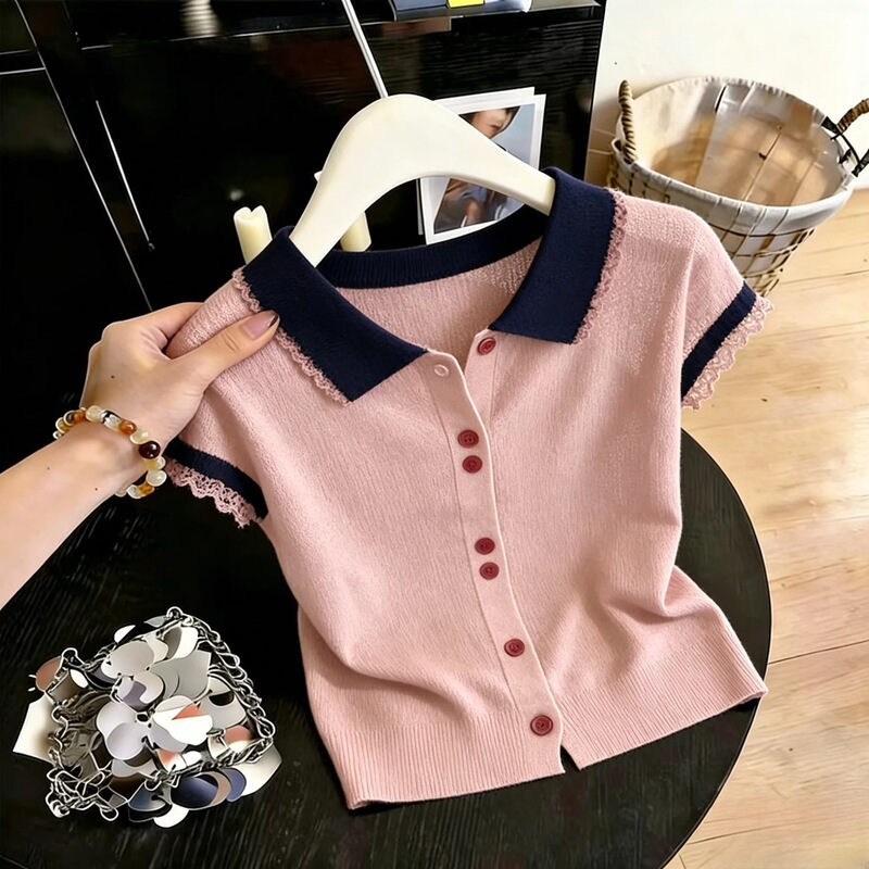 Gentle Style Contrasting Color Lace Knitwear Women's 2026 Summer New Casual Versatile Beautiful Short-Sleeved Top