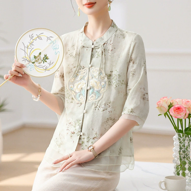 Женщина средних лет весна лето национальный ветер маленькая рубашка мама 2024 новый шифоновая рубашка новый китайский женский топ с короткими рукавами