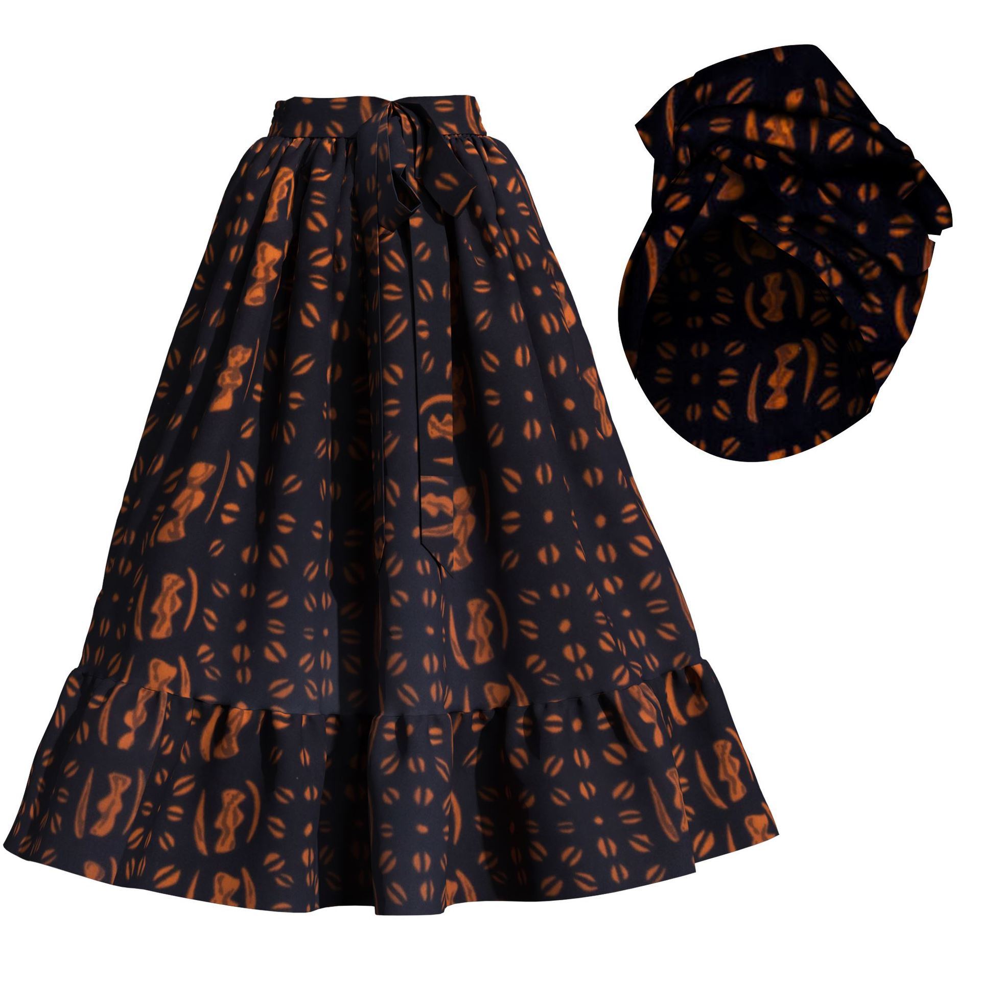 African-print midi skirt and headscarf set, high-waisted ruffled Ankara maxi skirt, cross-border e-commerce African women's clothing.