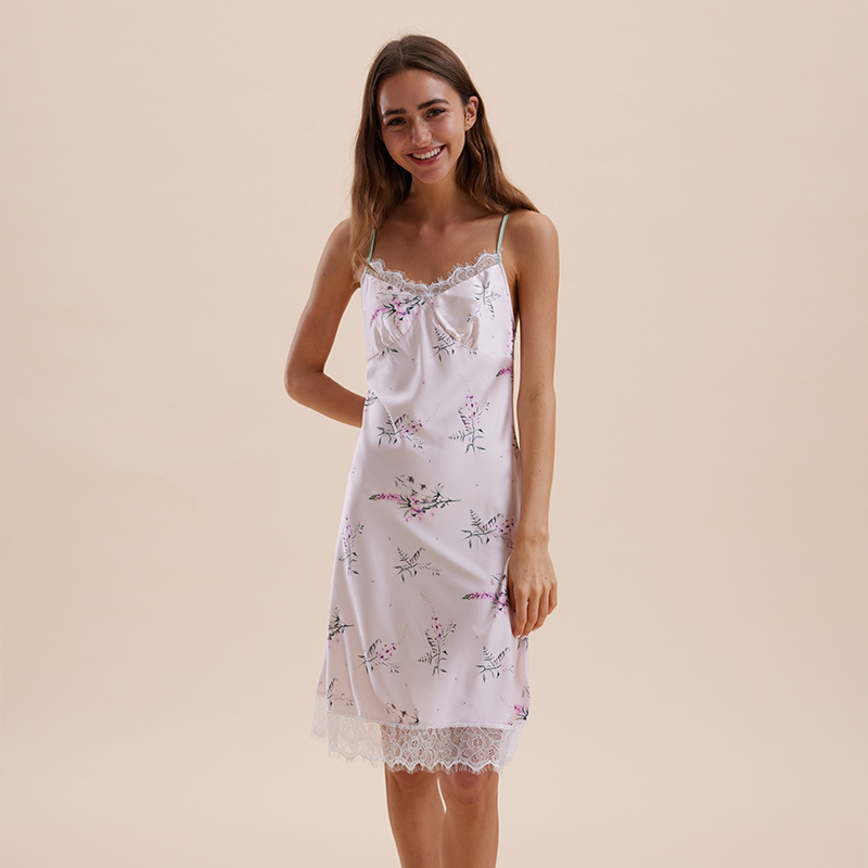 [pink flower] suspender pajamas women's lace pure wind summer ice silk thin sexy 2025 new nightgown
