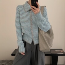 实拍 自留推荐  秋冬加厚高领条纹毛线外套  单排扣毛衣开衫女装