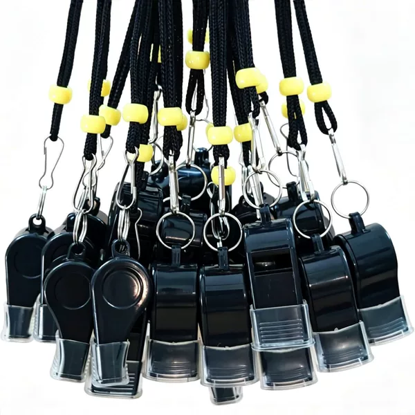 ABS plastic whistle with lanyard, referee whistle, outdoor sports training life-saving whistle, black silicone mouth guard model