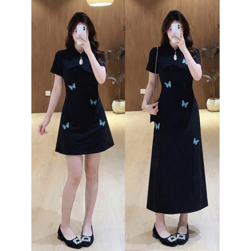 Real Shot~Plus-Size Women's Clothing 2026 New Style Blue Butterfly Embroidery New Chinese-Style Dress for Plus-Size Women, Elegant Cheongsam Dress