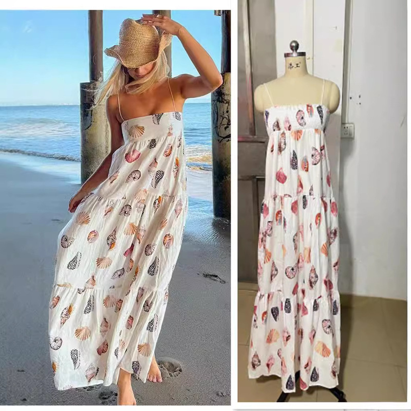 Cross-border 2024 European and American Spring and Summer New Sling Printing Layered dress Loose Vacation Women's Seaside INS Style