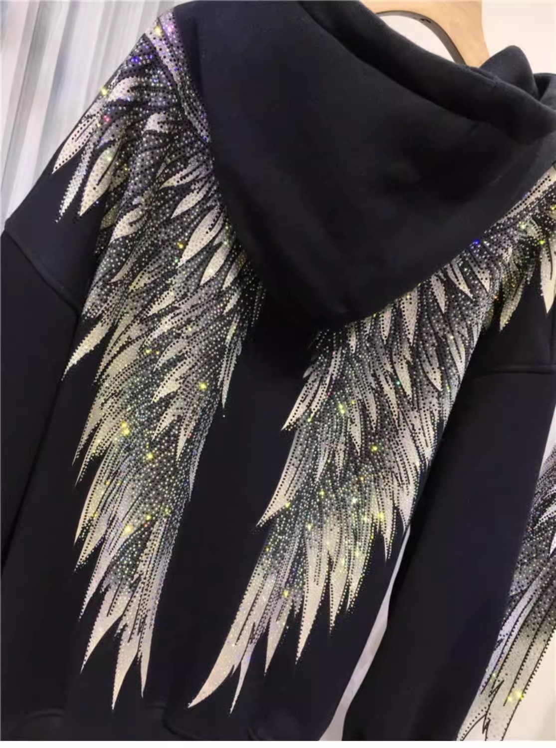 Women's Clothing Extra large size heavy industry diamond light luxury front and rear wings hooded long sleeved velvet jacket sweatshirt_voghion.com