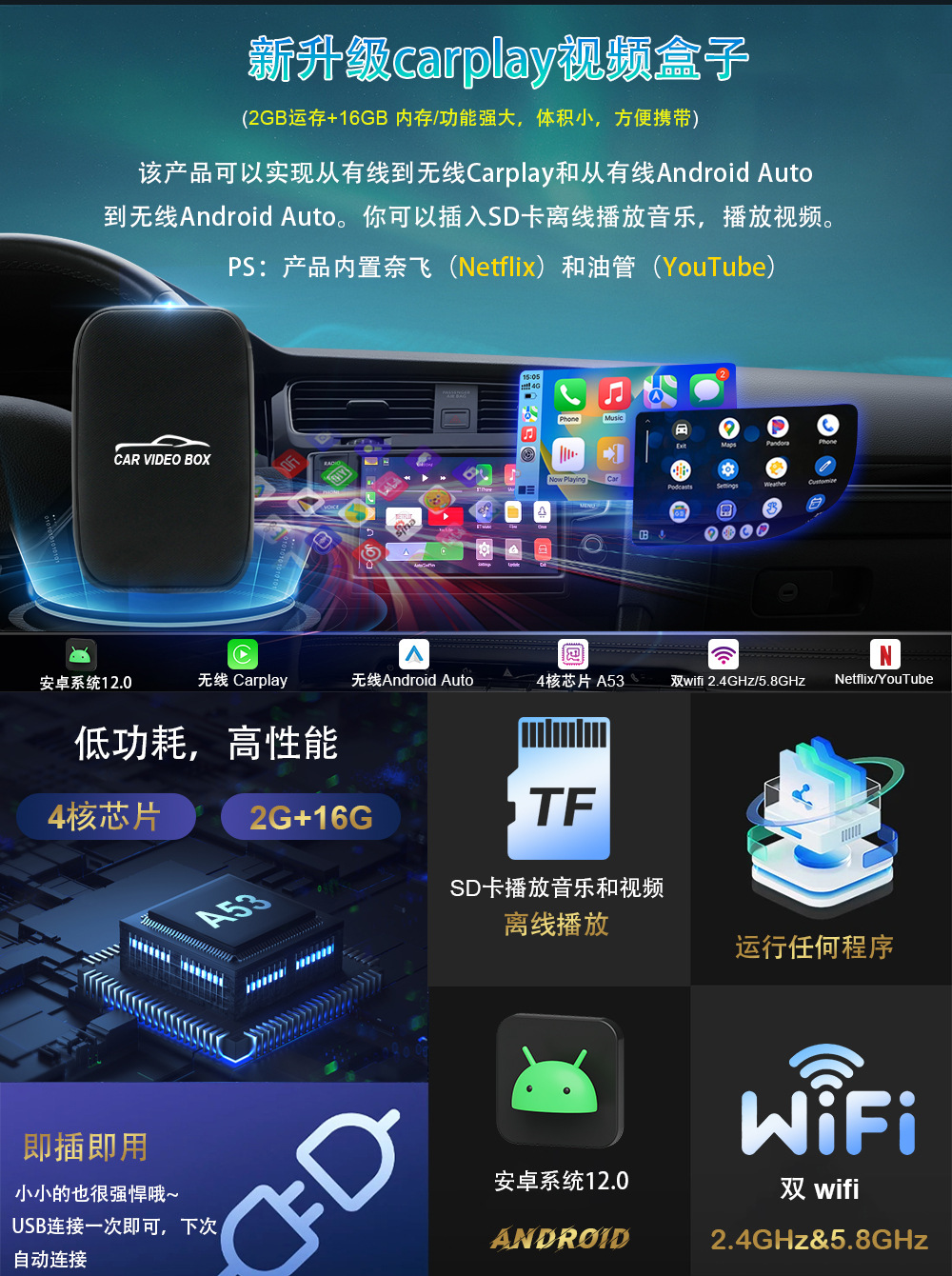 Wireless Carplay to Android Auto Three-In-One Youtube Original Car Wired to Wireless Carplay Box