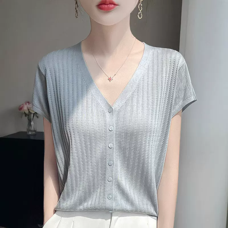天丝针织短袖开衫女25夏新款V领连肩小飞袖莱赛尔T恤外搭宽松上衣