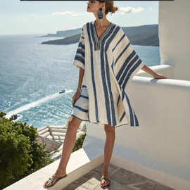 2026 跨境亚马逊 temu Digital Print Stripe V Neck Dress