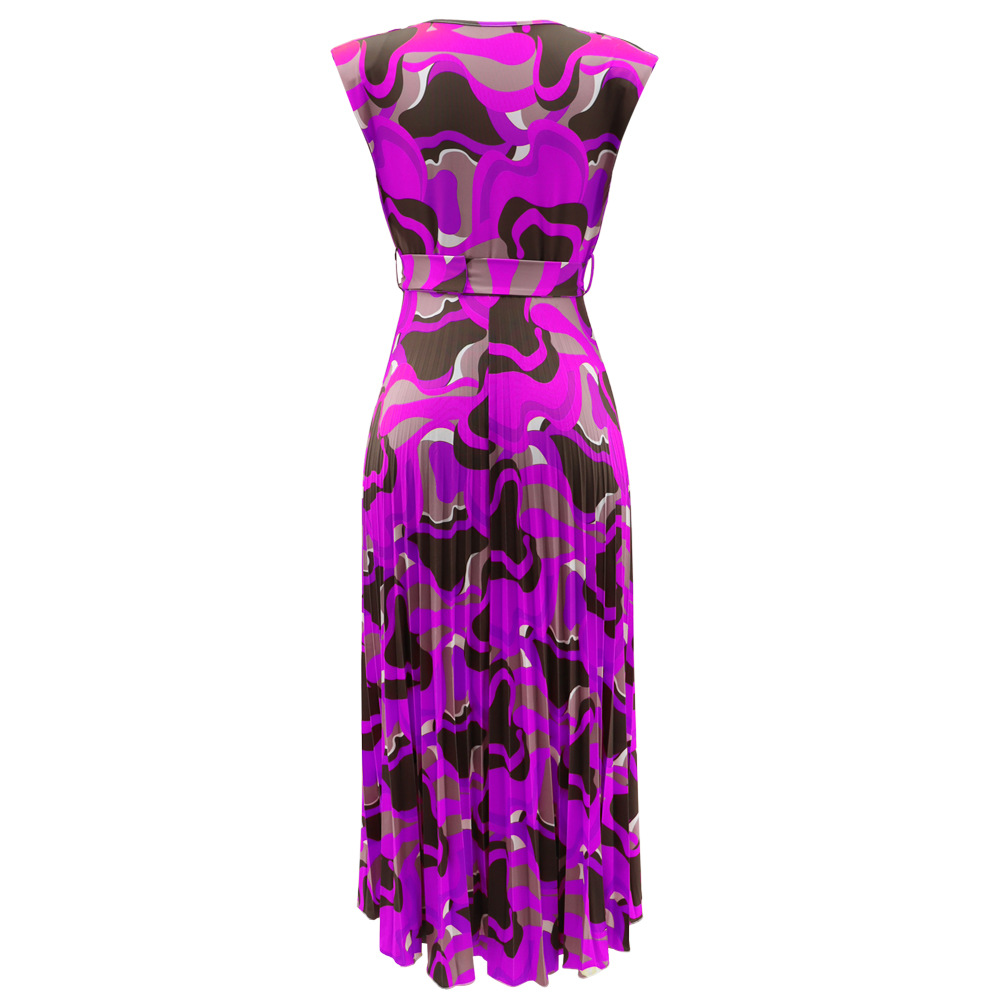 V Neck Sleeveless Padded Shoulder Casual Printed Office All Matching Pleated Waist Dress