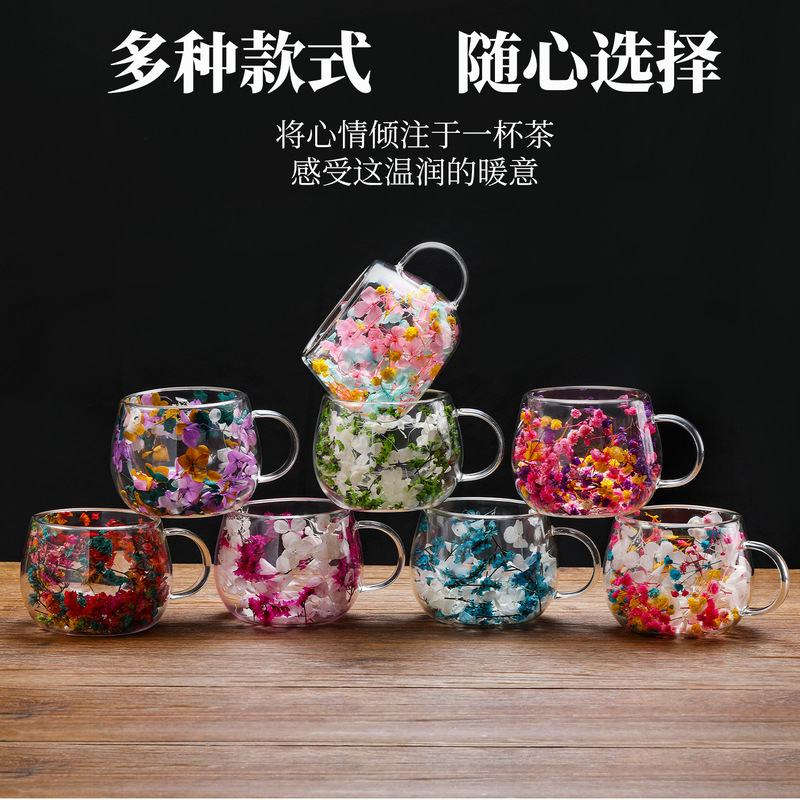 既製品のクリエイティブな二層ドライフラワーカップ、小さくて丸い楽しいドリンクカップ、人気の取っ手付きミルクカップ、高ホウケイ酸ガラスの本物の花カップ|undefined