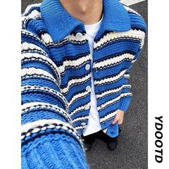 蓝色条纹翻领撞色毛衣外套男秋美式慵懒风宽松开衫正肩软糯针织衫