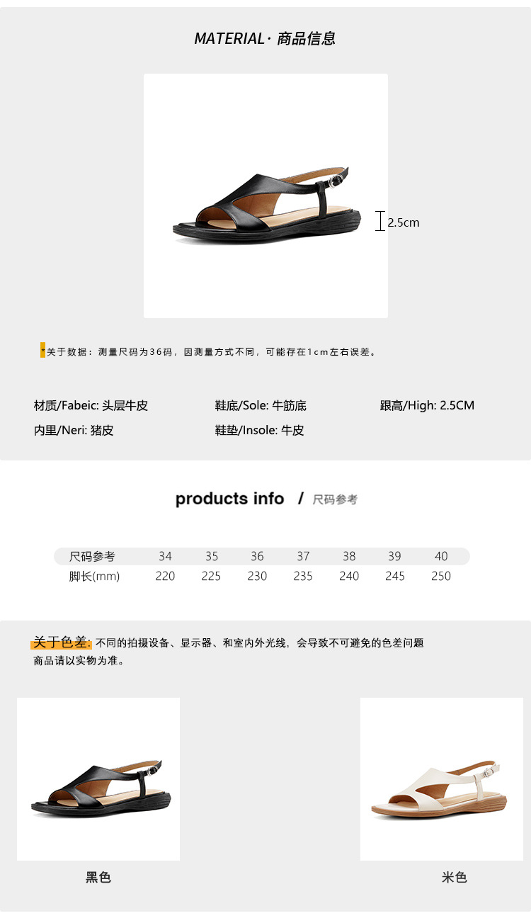 Dép sandal nữ quai ngang da bò hở mũi đế bằng kiểu La Mã — đen chi tiết 5