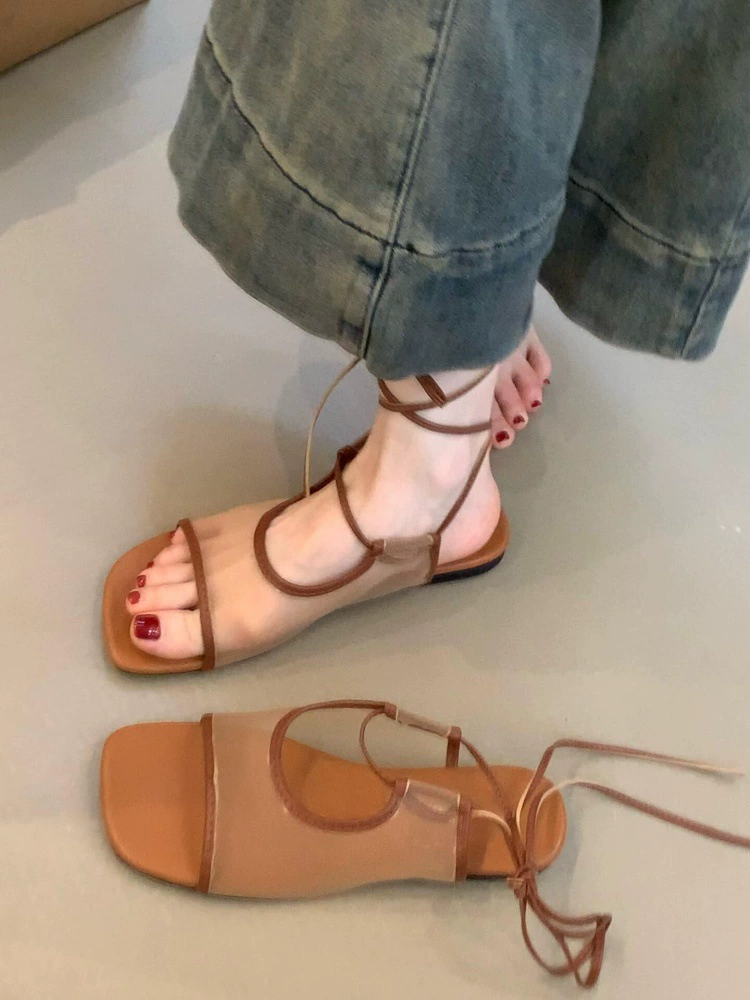 Версия из овчины ~ нишевый дизайн, сандалии на плоской подошве с открытым носком, дышащие сетчатые сандалии для женщин, летняя верхняя одежда, пляжная римская обувь с ремешками