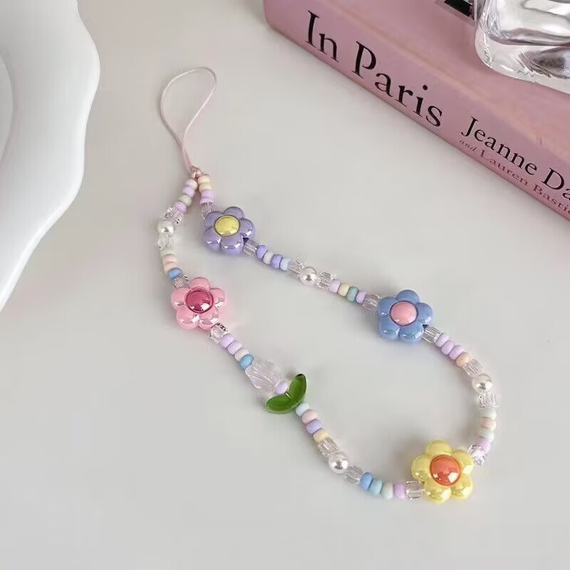 新しい甘いINSスタイルチューリップの花ビーズ携帯電話ストラップ女性の小さな赤い本ファッション携帯電話チェーンペンダント|undefined