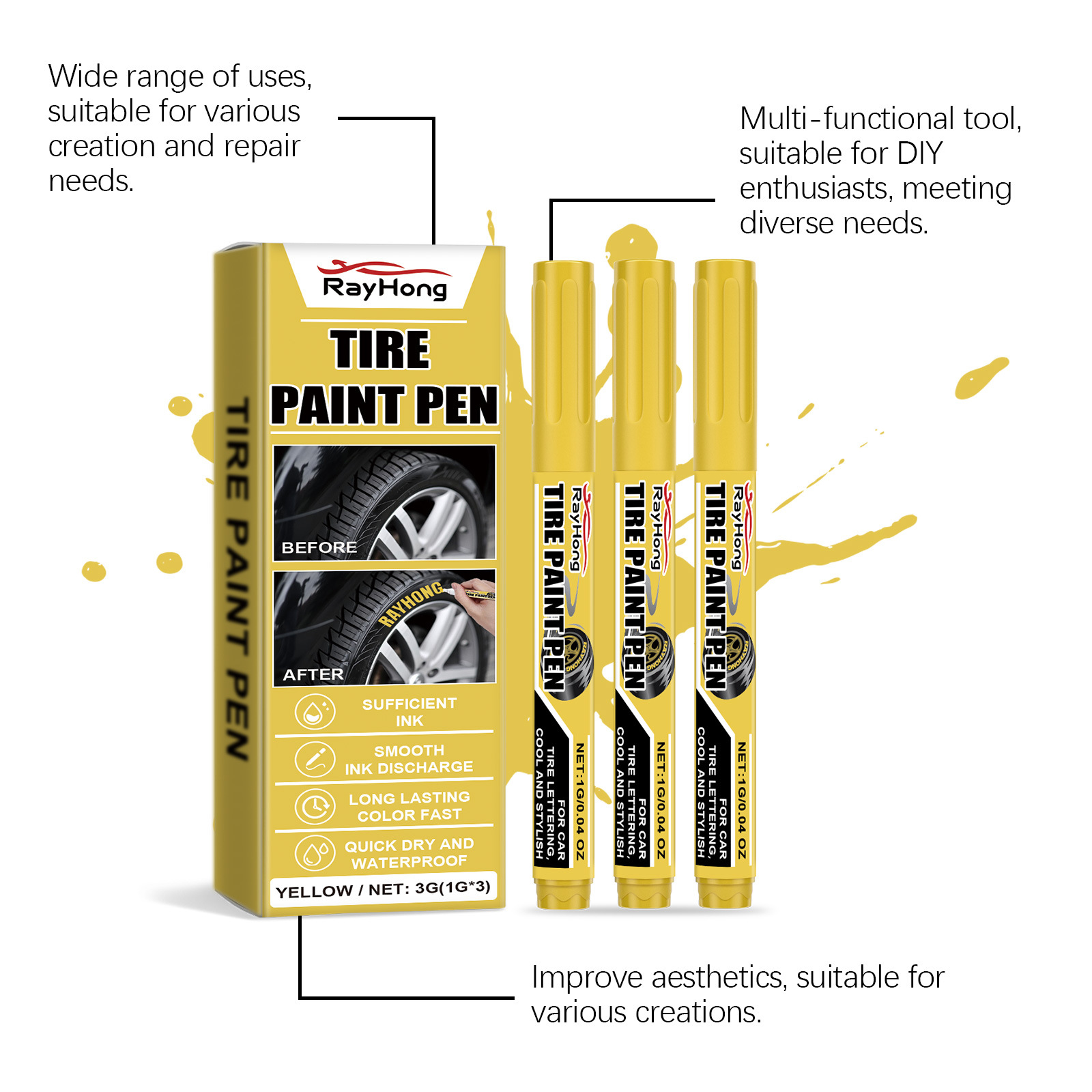Rayhong Yellow Car Tire Paint Pen Car Tire Art Painting Waterproof Long-Lasting Oil-Based Pen