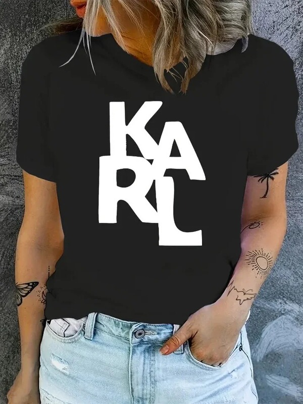Karl Women's T-Shirt with Letter Print Short-Sleeved T-Shirt for Summer Street Wear Y2K Fashion Versatile Karl Women's T-Shirt with Letter Print Short-Sleeved T-Shirt for Summer Street Wear Y2K Fashion Versatile