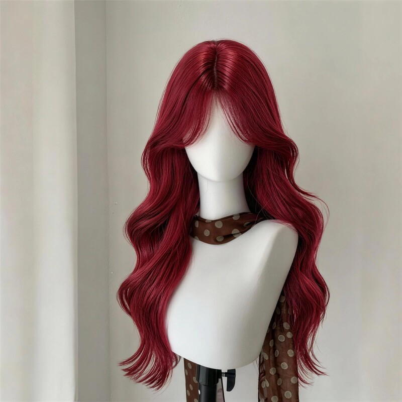 Wig for women, vintage wine-red, large wavy, raspberry-red long curly hair, with side-swept bangs, suitable for everyday wear, red, realistic-looking, full headpiece Wig for women, vintage wine-red, large wavy, raspberry-red long curly hair, with side-swept bangs, suitable for everyday wear, red, realistic-looking, full headpiece